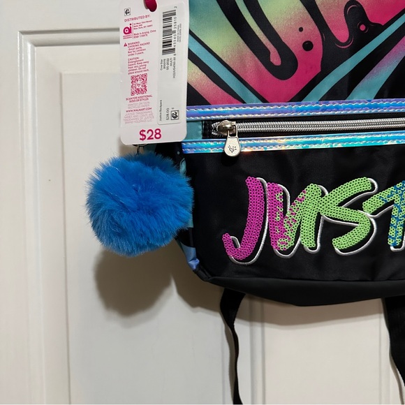 Justice Girls 17” Large Laptop Flip Backpack w/ Pom Key Chain Multicolor NWT $28 - Picture 2 of 3
